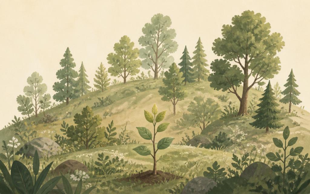 An illustrated young forest growing on a hillside