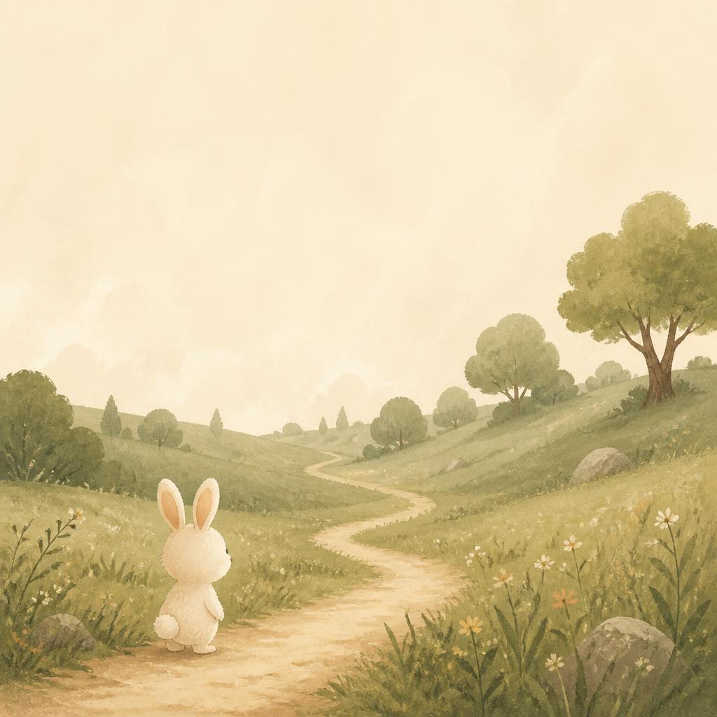 A small bunny at the start of a peaceful path through a meadow